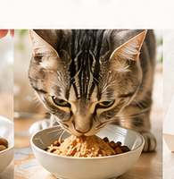 ふりかけをかけたごはんを食べる猫